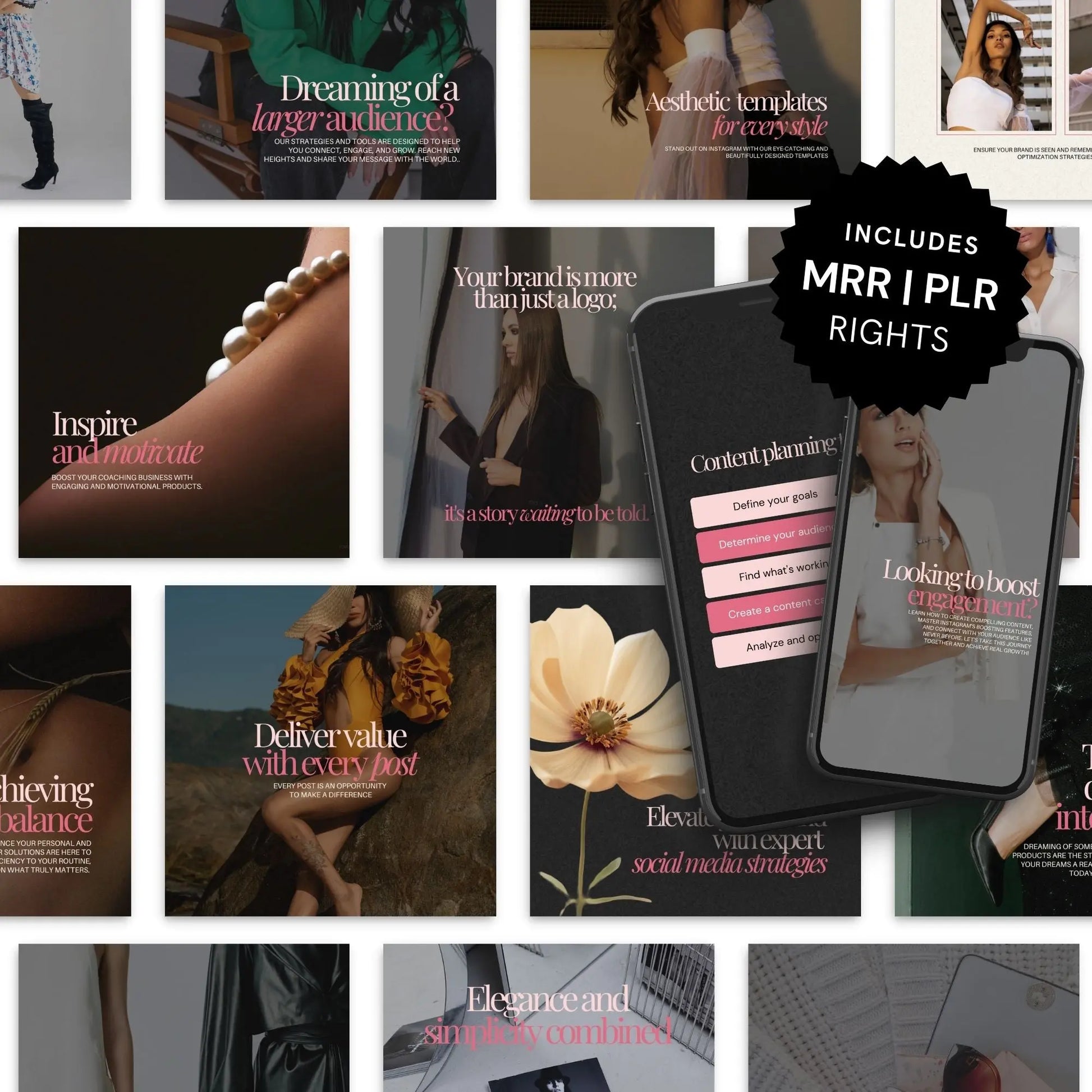 Elysian Noir Instagram Templates — 60 Luxury Canva Posts & Reels with PLR + MRR Boundless PLR