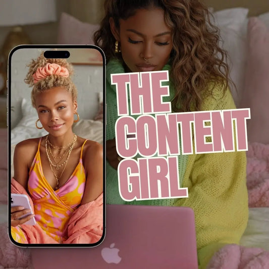 Preview of The Content Girl Canva image bundle for digital entrepreneurs, featuring 110+ faceless lifestyle visuals with PLR and MRR rights