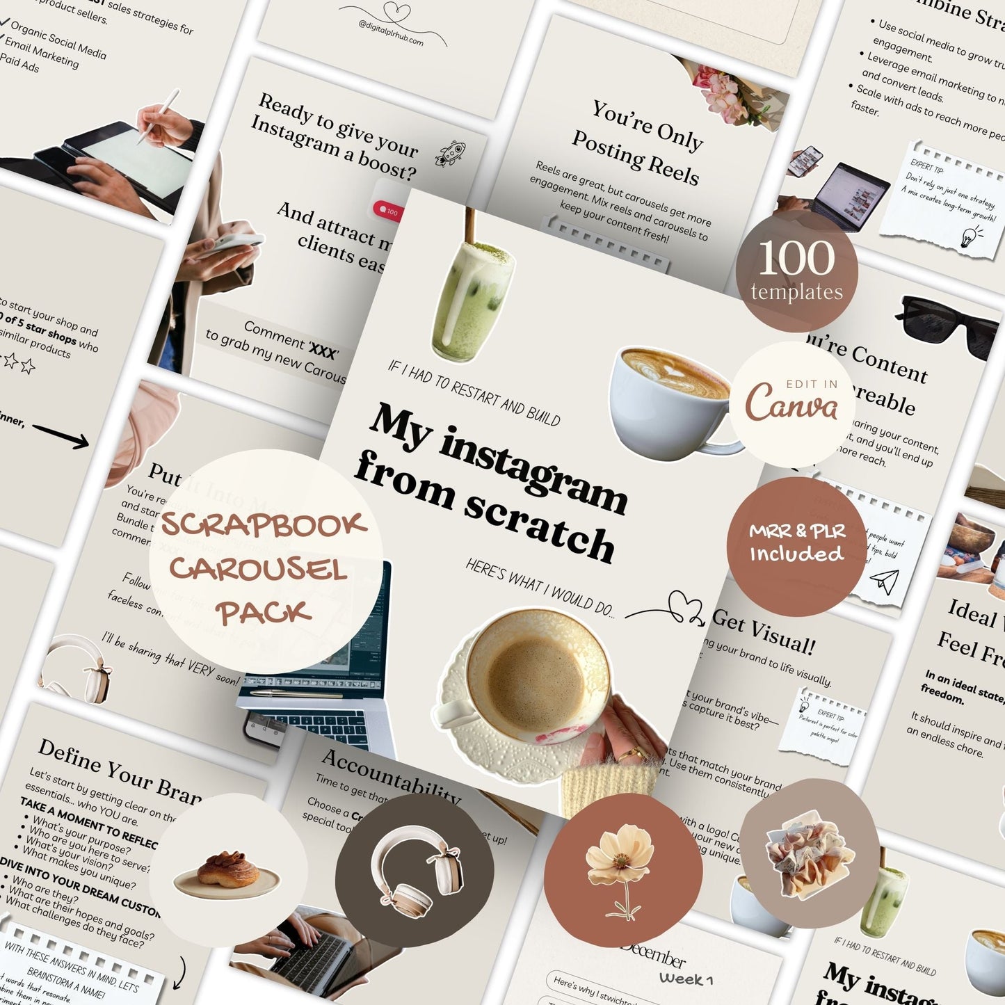 Instagram Scrapbook Carousel Templates (90 Canva Editable) + 400+ Carousel Stickers Bonus | PLR + MRR Rights Boundless PLR