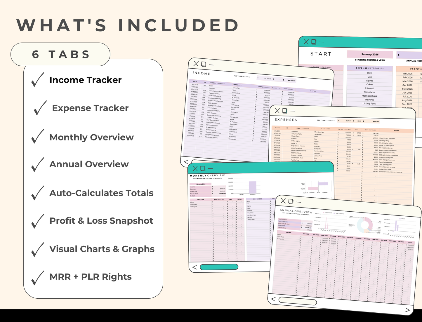 PLR Google Sheets, Simple Bookkeeping Spreadsheet Template with MRR & PLR Resell Rights Boundless PLR