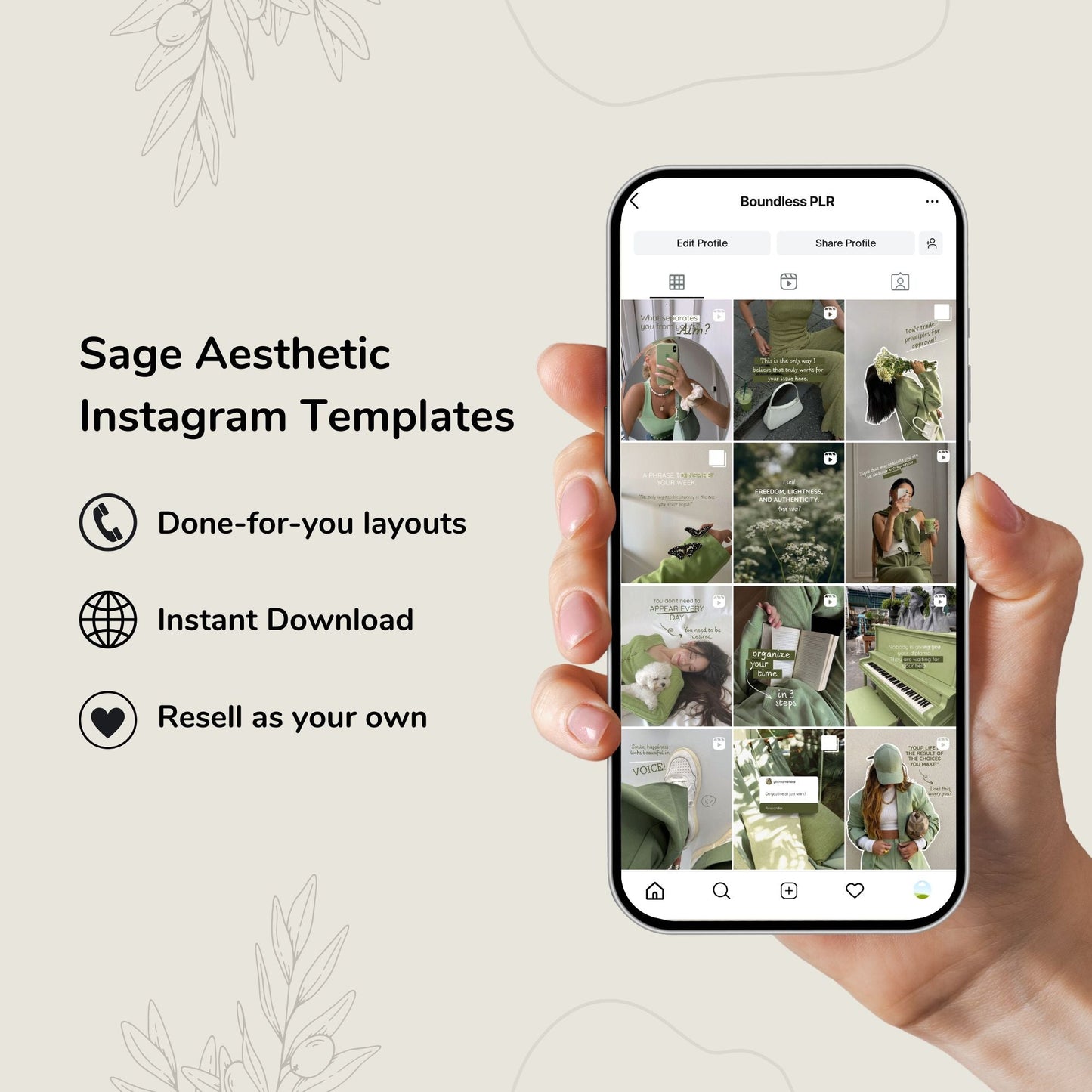 Sage Aesthetic Instagram Templates (Portrait) | 50 Canva Templates | MRR + PLR Boundless PLR