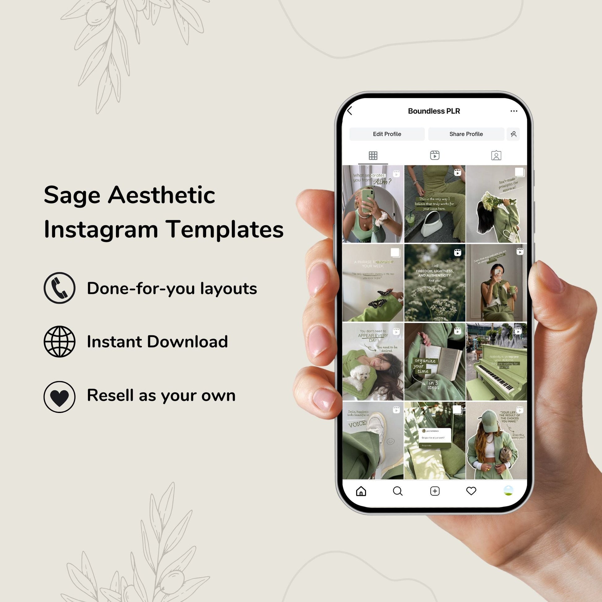 Sage Aesthetic Instagram Templates (Portrait) | 50 Canva Templates | MRR + PLR Boundless PLR