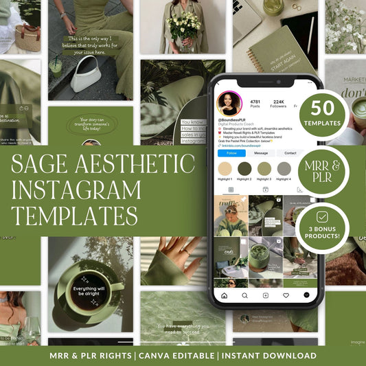 Sage Aesthetic Instagram Templates (Portrait) | 50 Canva Templates | MRR + PLR Boundless PLR