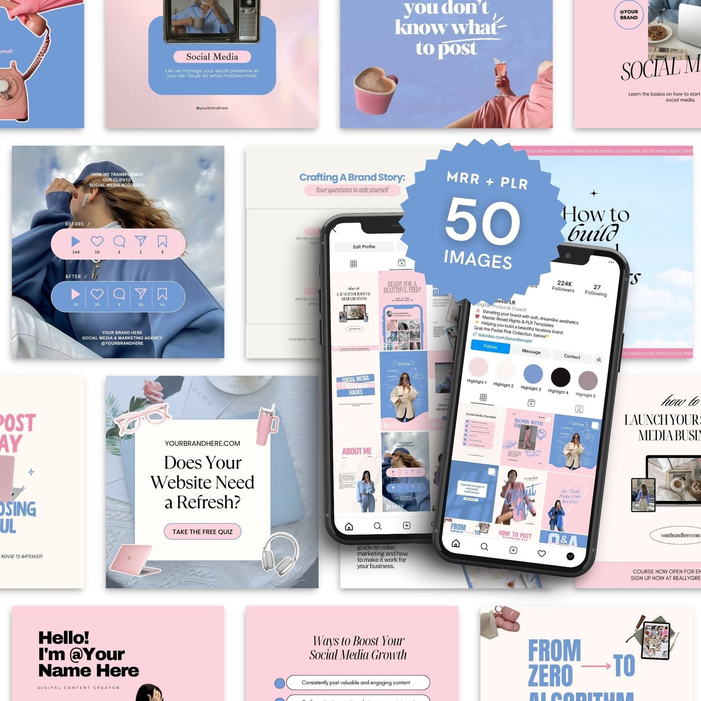 Pink & Blue Instagram Templates Pack (Canva Editable) | 50 Designs, 3 Sizes | MRR + PLR + Bonuses Boundless PLR