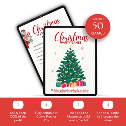 50 Printable Christmas Party Games | PLR & MRR Digital Bundle - Canva Editable Template - Boundless PLR