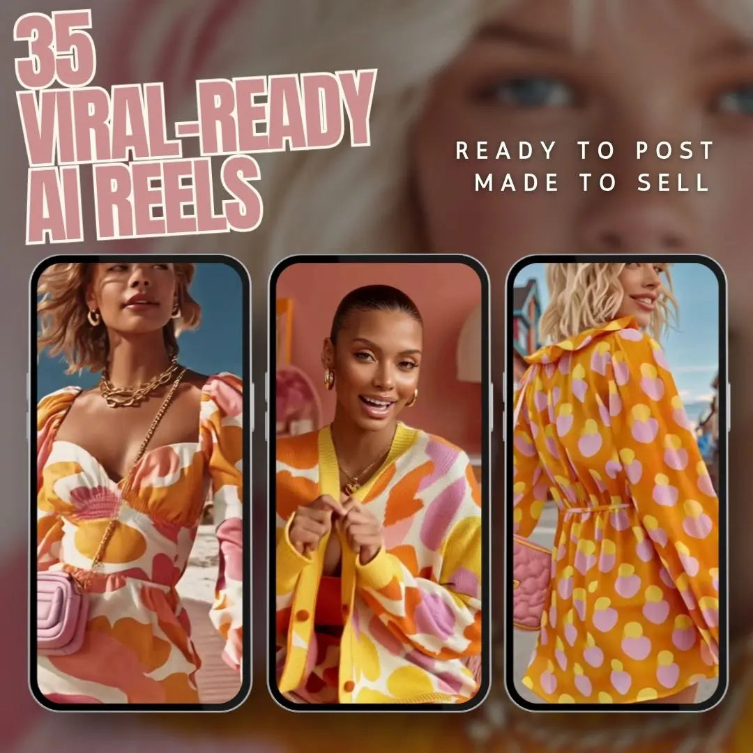 Preview of 35 editable AI video reels with music, delivered in Canva with MRR and PLR resell rights for digital content creators