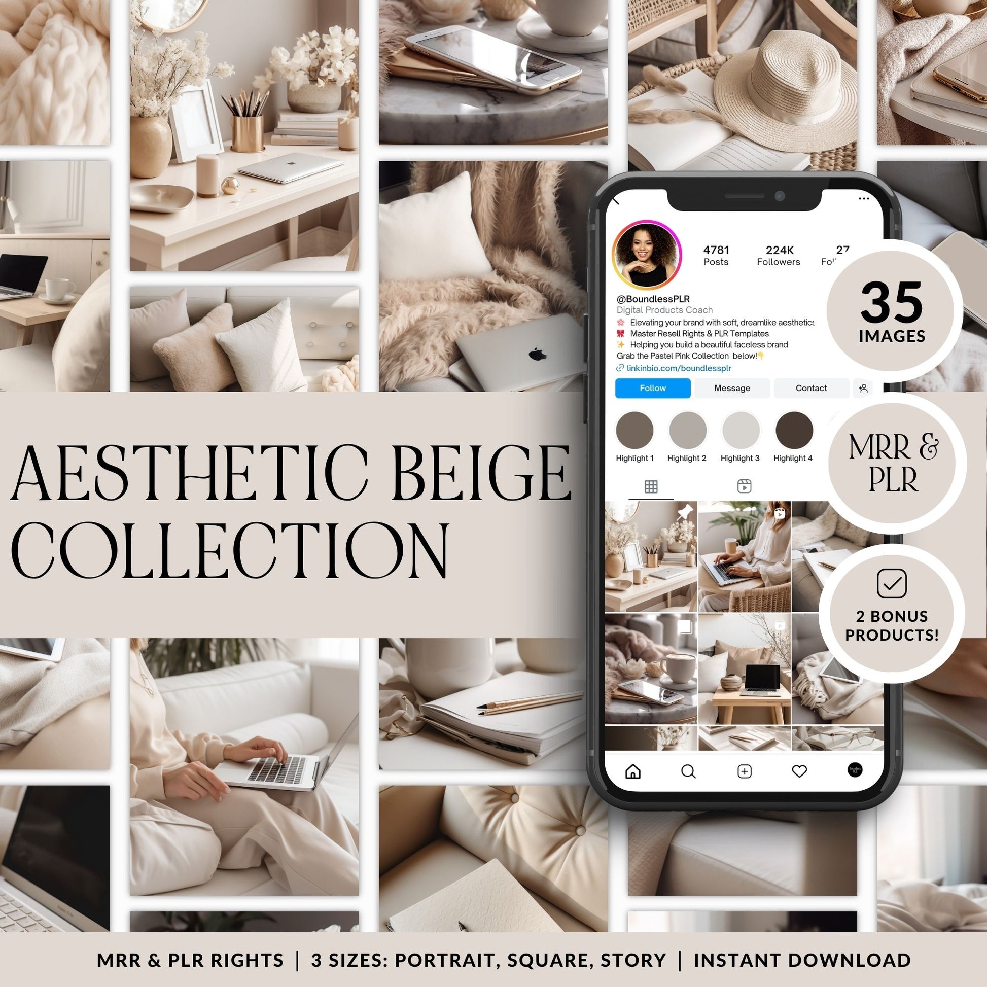 Aesthetic beige AI stock photos bundle showing 35 neutral lifestyle images including home office, laptop, coffee, and cozy decor scenes, with Instagram feed mockup, MRR and PLR resell rights, available in portrait, square, and story sizes.