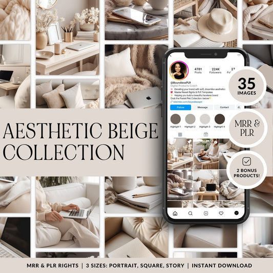 Aesthetic beige AI stock photos bundle showing 35 neutral lifestyle images including home office, laptop, coffee, and cozy decor scenes, with Instagram feed mockup, MRR and PLR resell rights, available in portrait, square, and story sizes.