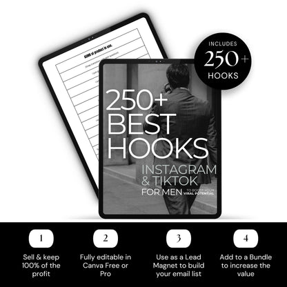 250+ Best Hooks for Men | Editable Instagram & TikTok Guide with PLR & MRR