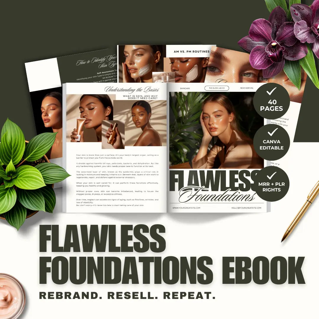 Flawless Foundations eBook with branding elements and promotional text on a dark background. Includes 40 Canva editable pages with MRR + PLR resell rights. 