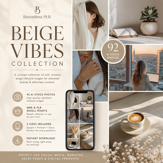 Beige Vibes Collection — 92 AI stock photos with MRR and PLR resell rights by Boundless PLR, featuring soft beige lifestyle images of women, coffee, jewelry, and home interiors for social media, websites, sales pages, and digital products