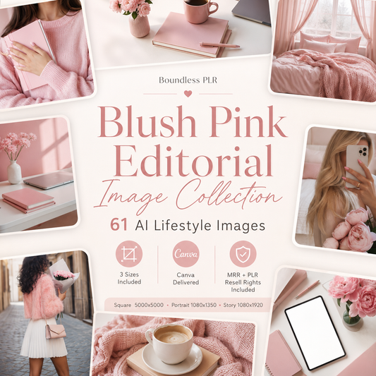 61 soft blush editorial AI lifestyle stock photos with PLR and MRR resell rights, three sizes included for Instagram, Pinterest, and digital products, delivered via Canva