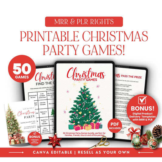 50 Christmas Party Games Bundle | Editable MRR PLR Digital Product - PLR Canva Template - Boundless PLR