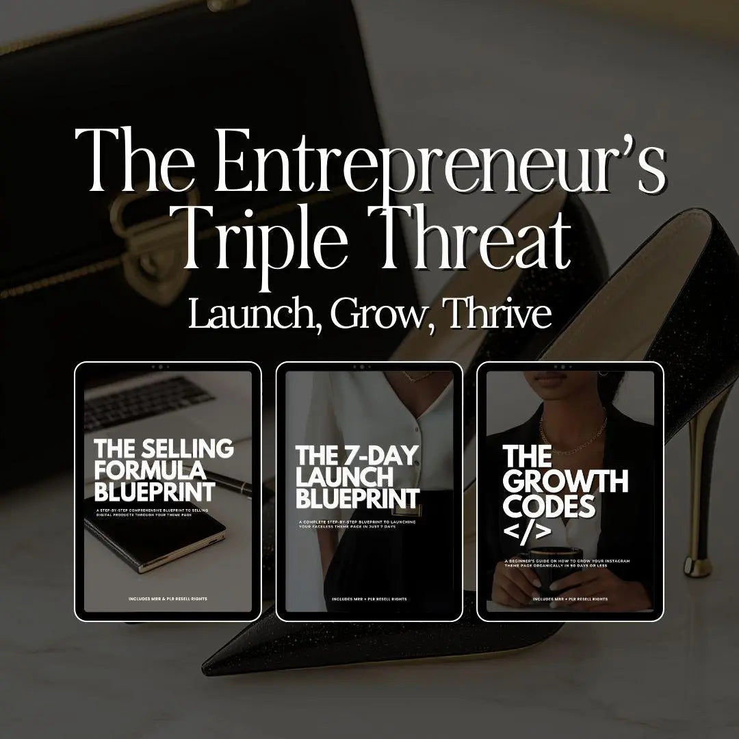 Three Canva-editable Instagram marketing guides — The Selling Formula Blueprint, The 7-Day Launch Blueprint, and The Growth Codes — included in the Entrepreneur's Triple Threat Bundle with PLR & MRR