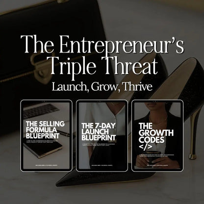 Three Canva-editable Instagram marketing guides — The Selling Formula Blueprint, The 7-Day Launch Blueprint, and The Growth Codes — included in the Entrepreneur's Triple Threat Bundle with PLR & MRR