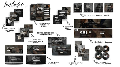 Mockup collage showcasing a comprehensive PLR and MRR Canva-editable content bundle. Includes 100 faceless Instagram posts, 100 Instagram stories, 30 carousel posts, 50 quote posts, 30 Facebook cover banners, 30 Pinterest pin templates, 10 Pinterest board covers, 30 Etsy shop cover banners, 20 Instagram highlight covers, and 30 faceless business banners. Visuals emphasize faceless marketing content for digital product sellers with a clean, high-converting aesthetic.