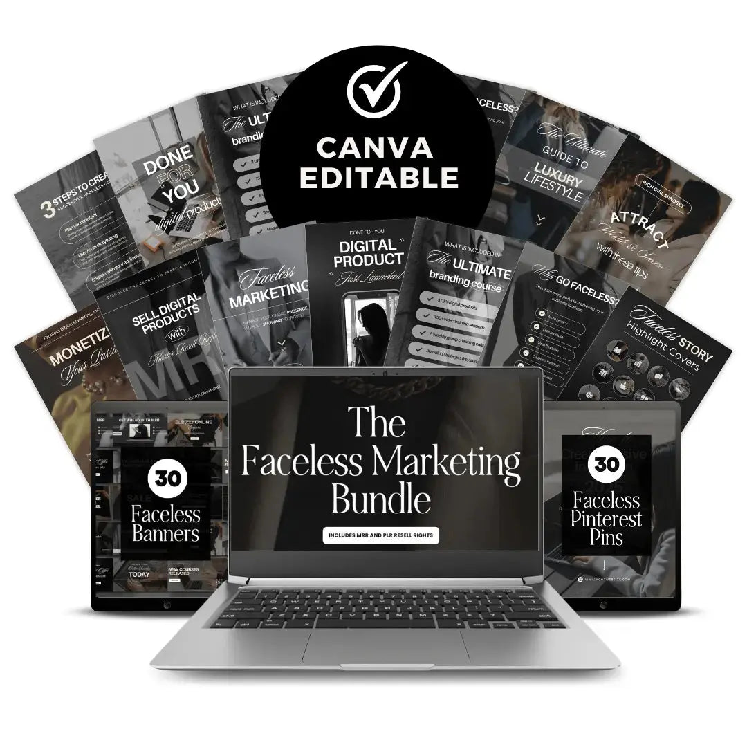 Mockup showcasing the Faceless Marketing Bundle, including Canva-editable Instagram posts, stories, Pinterest pins, banners, and bonus digital marketing guides. Image emphasizes PLR and MRR resell rights with faceless branding visuals.