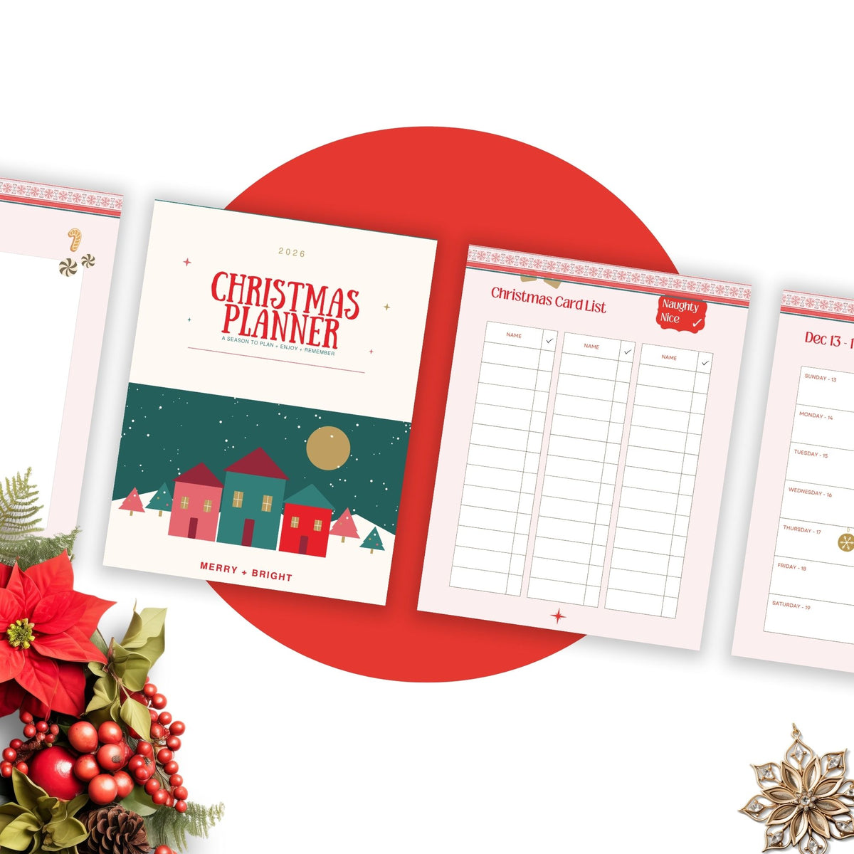 Preview of the 2026 Christmas planner cover, Christmas card list and weekly planning pages arranged with red poinsettias, ornaments and festive holiday accents.