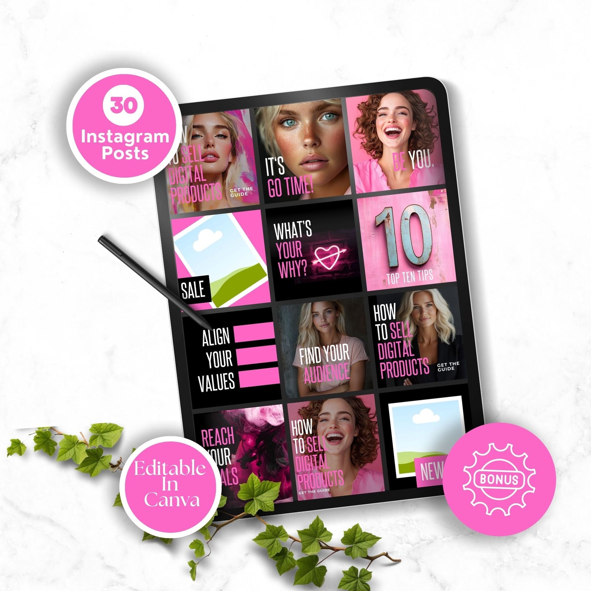 30 Canva-editable Instagram post templates included as a bonus with the How to Sell Digital Products guide — editable in Canva with pink and black designs
