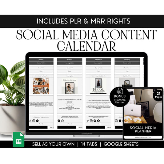 Social Media Content Calendar Template for Google Sheets with PLR & MRR