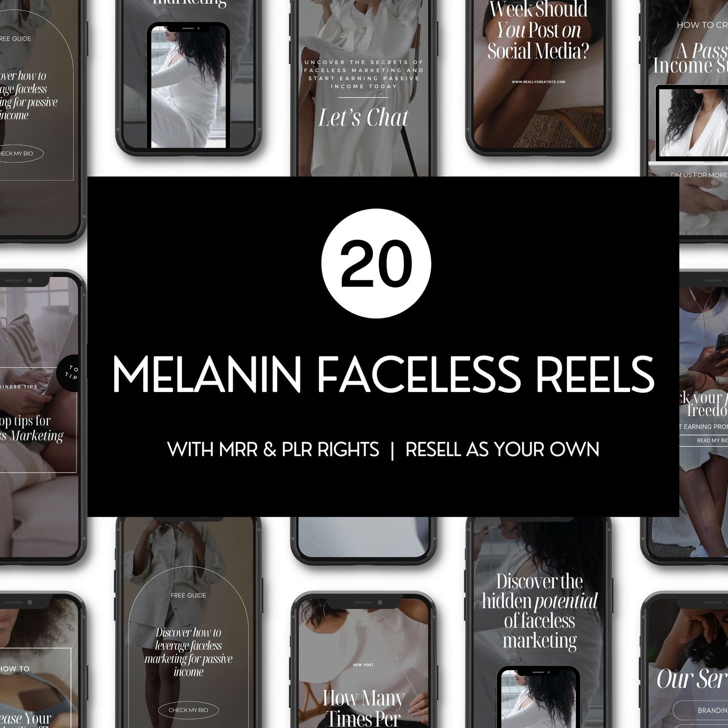 Melanin Faceless Reels Bundle | 20 Premium Videos + 8 Editable Mockups with MRR & PLR