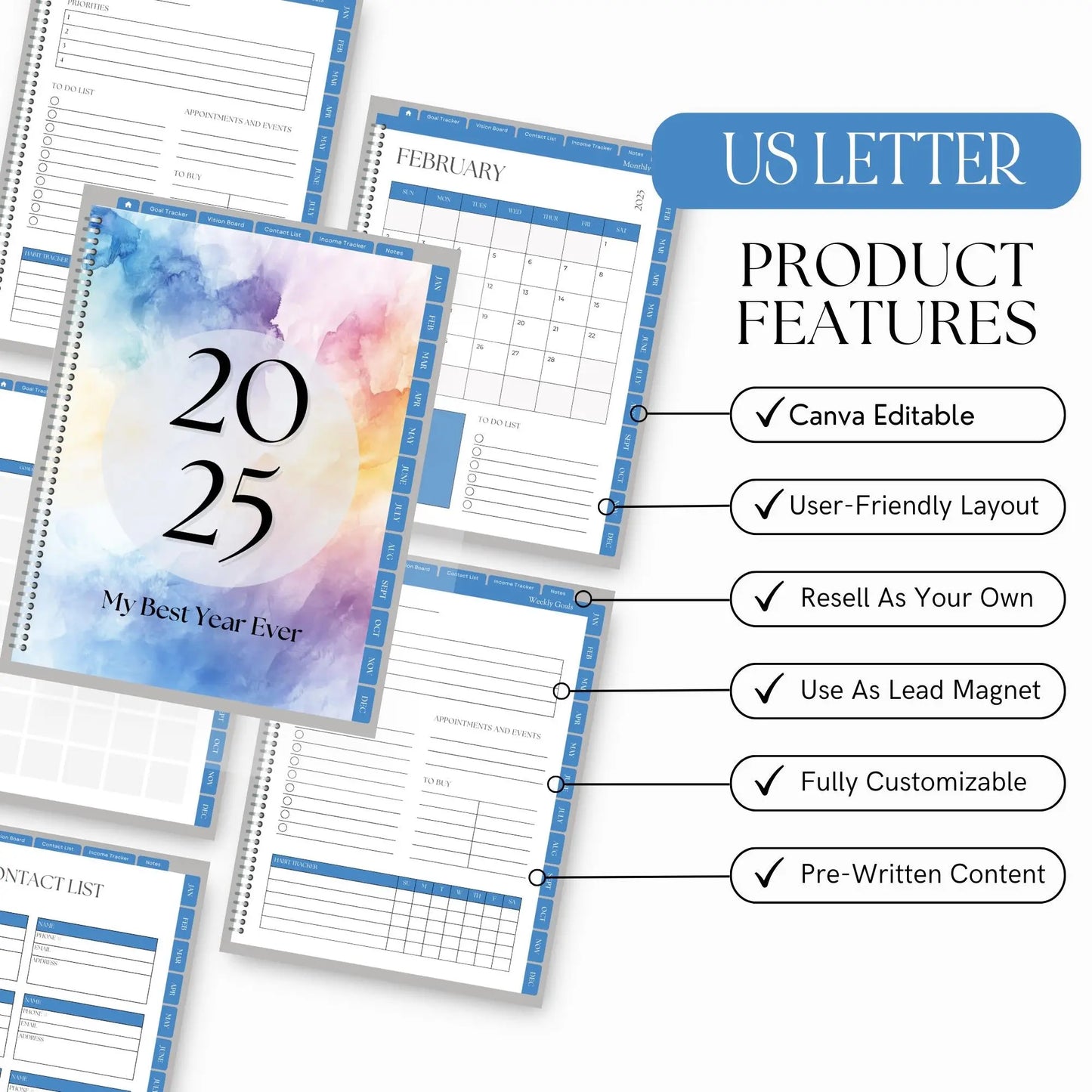 2025 Hyperlinked Digital Planner | Editable Canva Template with MRR & PLR - Boundless PLR