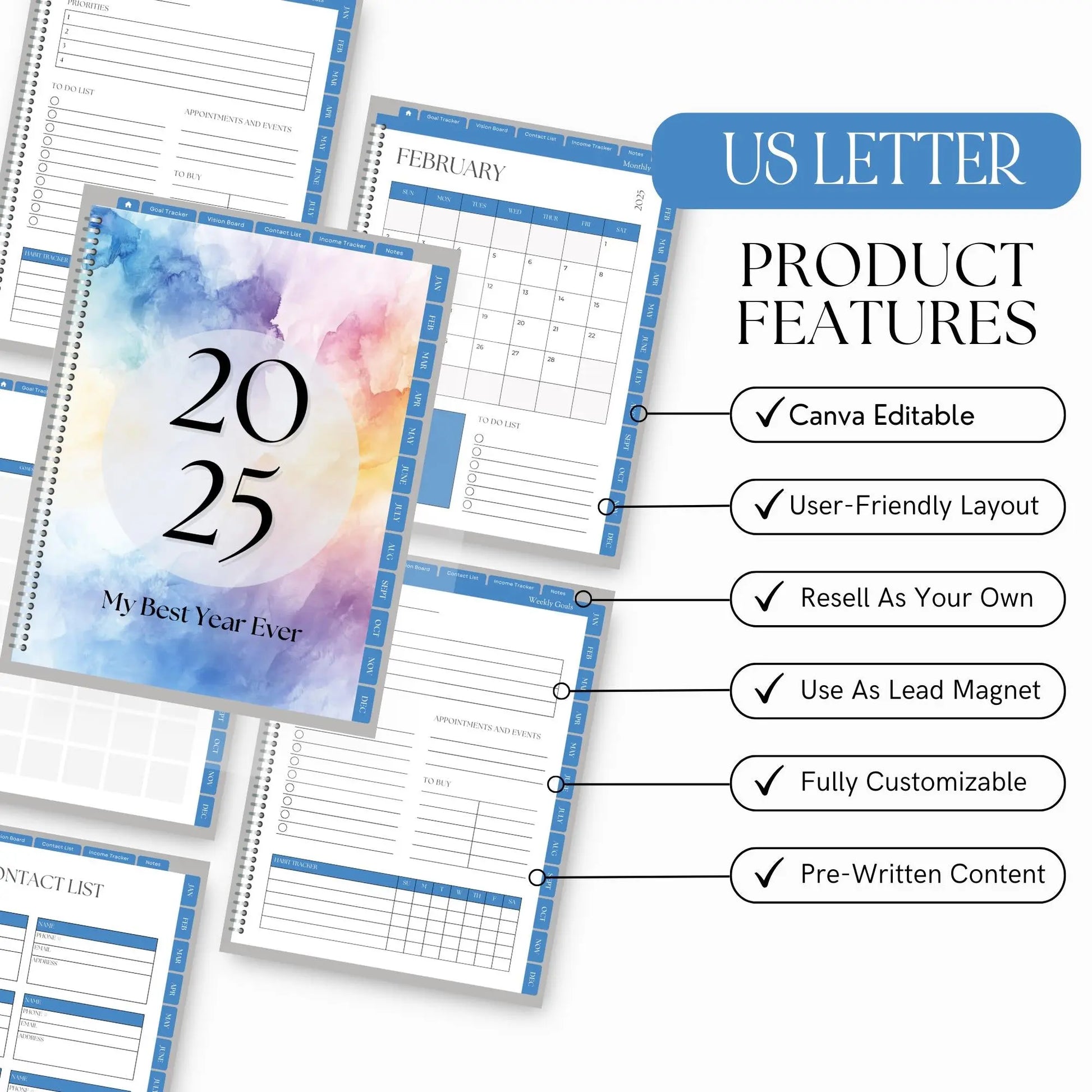 2025 Hyperlinked Digital Planner | Editable Canva Template with MRR & PLR - Boundless PLR