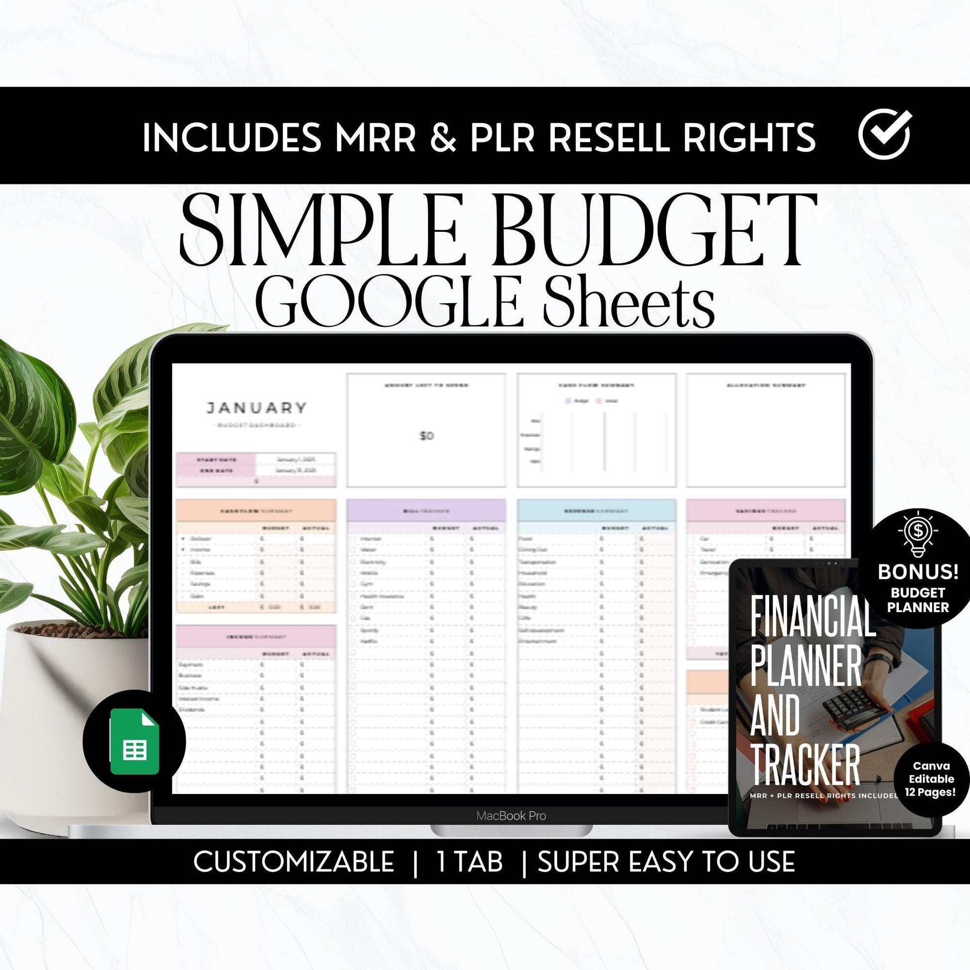 Simple Budget Google Sheets Spreadsheet & BONUS Financial Planner – MRR & PLR - PLR Google Sheets - Boundless PLR