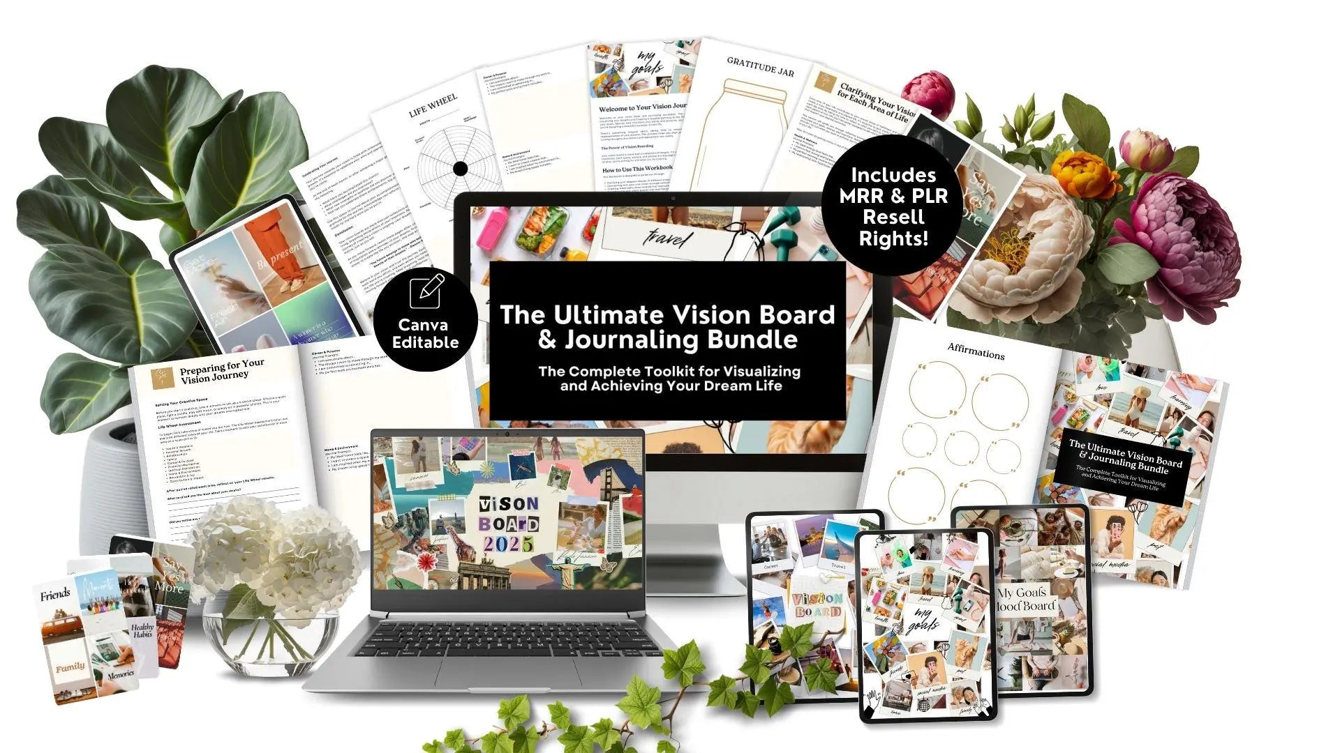 Image of the Vision Board Workbook & Journaling Guide Bundle - Editable with MRR & PLR - Boundless PLR