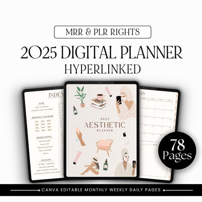 2025 Aesthetic Digital Planner | Editable Canva Template with MRR & PLR
