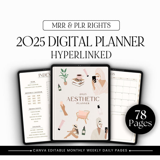 2025 Aesthetic Digital Planner | Editable Canva Template with MRR & PLR