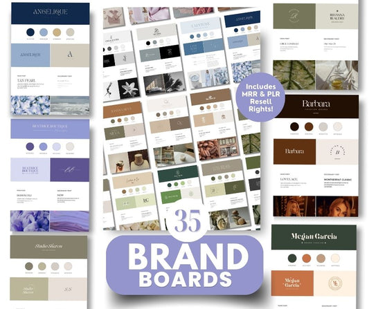 Collage preview of 35 Canva brand board templates showing color palettes, font pairings, and logo layouts, with a badge that says “Includes MRR & PLR Resell Rights!"