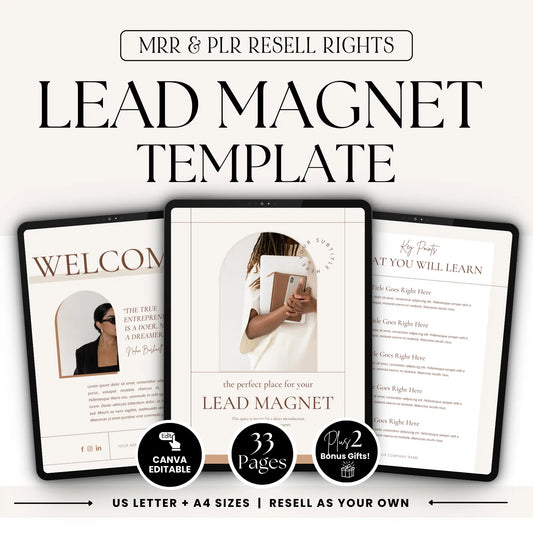 Canva editable lead magnet template with MRR and PLR resell rights. 33 customizable pages, bonus gifts included, available in US Letter and A4 sizes