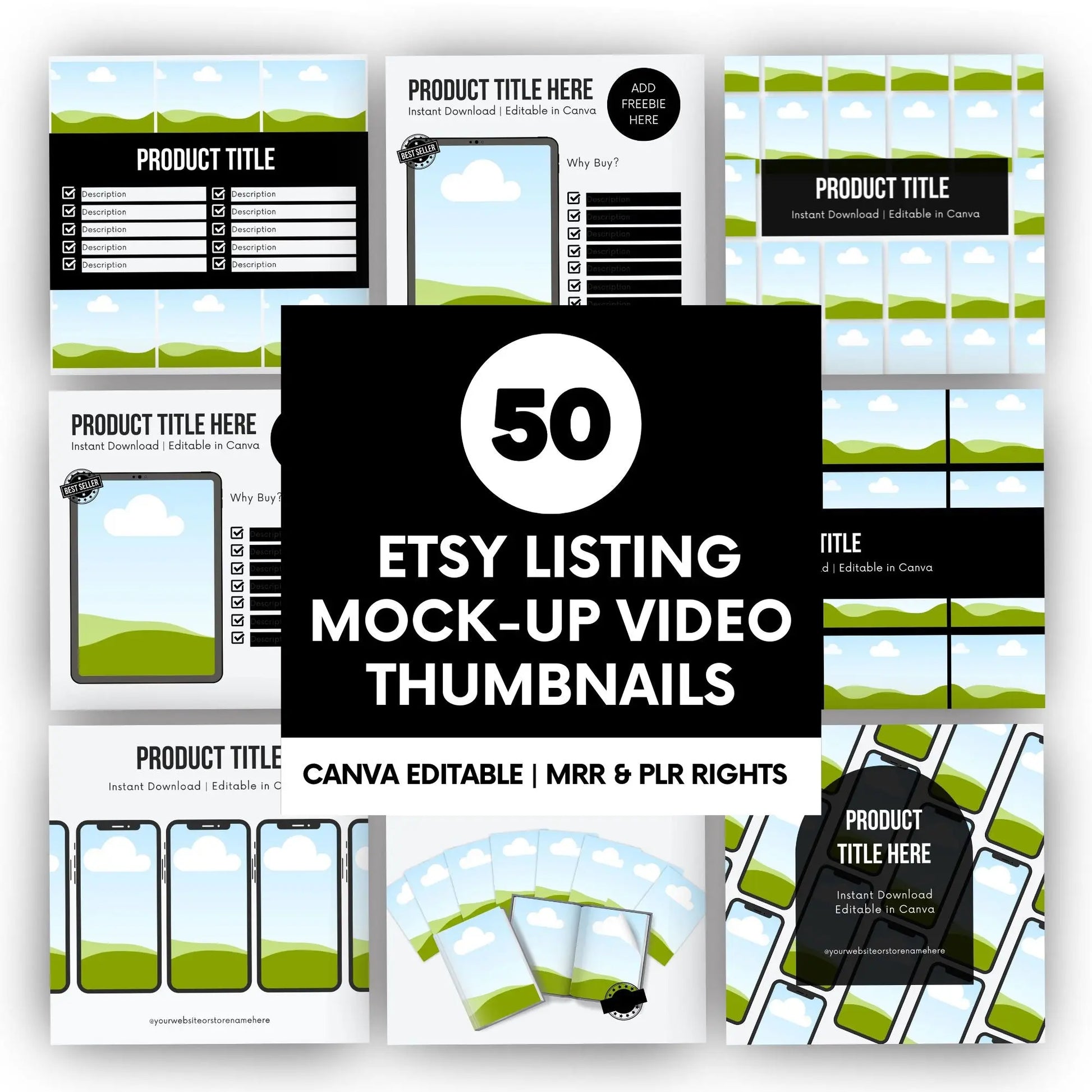 Bundle of 50 Etsy listing mockup video thumbnails, Canva editable templates with PLR and MRR resell rights, sized at 2700 x 2000 pixels, showcasing customizable product display designs.
