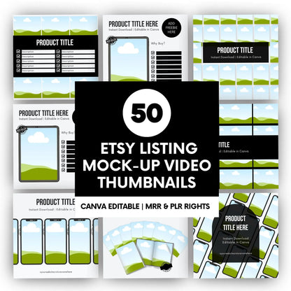 Bundle of 50 Etsy listing mockup video thumbnails, Canva editable templates with PLR and MRR resell rights, sized at 2700 x 2000 pixels, showcasing customizable product display designs.