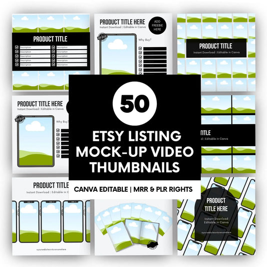 Bundle of 50 Etsy listing mockup video thumbnails, Canva editable templates with PLR and MRR resell rights, sized at 2700 x 2000 pixels, showcasing customizable product display designs.