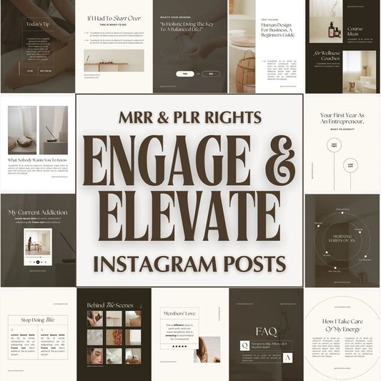 Instagram Canva templates bundle with MRR and PLR rights titled ‘Engage & Elevate Instagram Posts.’ Includes editable square, portrait, carousel, and reels templates featuring tips, quotes, FAQs, storytelling prompts, business strategy, lifestyle, and wellness content. Perfect for coaches, course creators, entrepreneurs, and digital product sellers who want scroll-stopping social media templates.