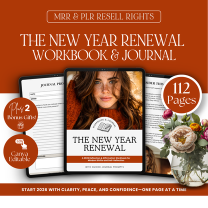 Mockup of “The New Year Renewal Workbook & Journal” displayed on a tablet with preview pages behind it, badges for “MRR & PLR resell rights,” “112 pages,” “Plus 2 bonus gifts,” and a floral accent, on a warm rust background.