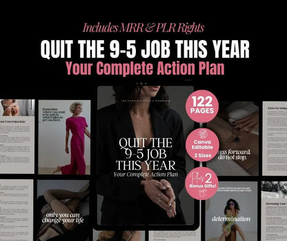 Promotional graphic for a book or guide titled 'Quit the 9-5 Job This Year' with text and images on a black background.
