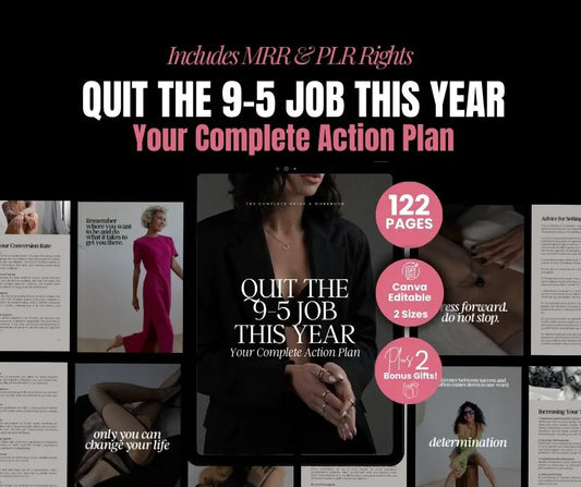 Promotional graphic for a book or guide titled 'Quit the 9-5 Job This Year' with text and images on a black background.