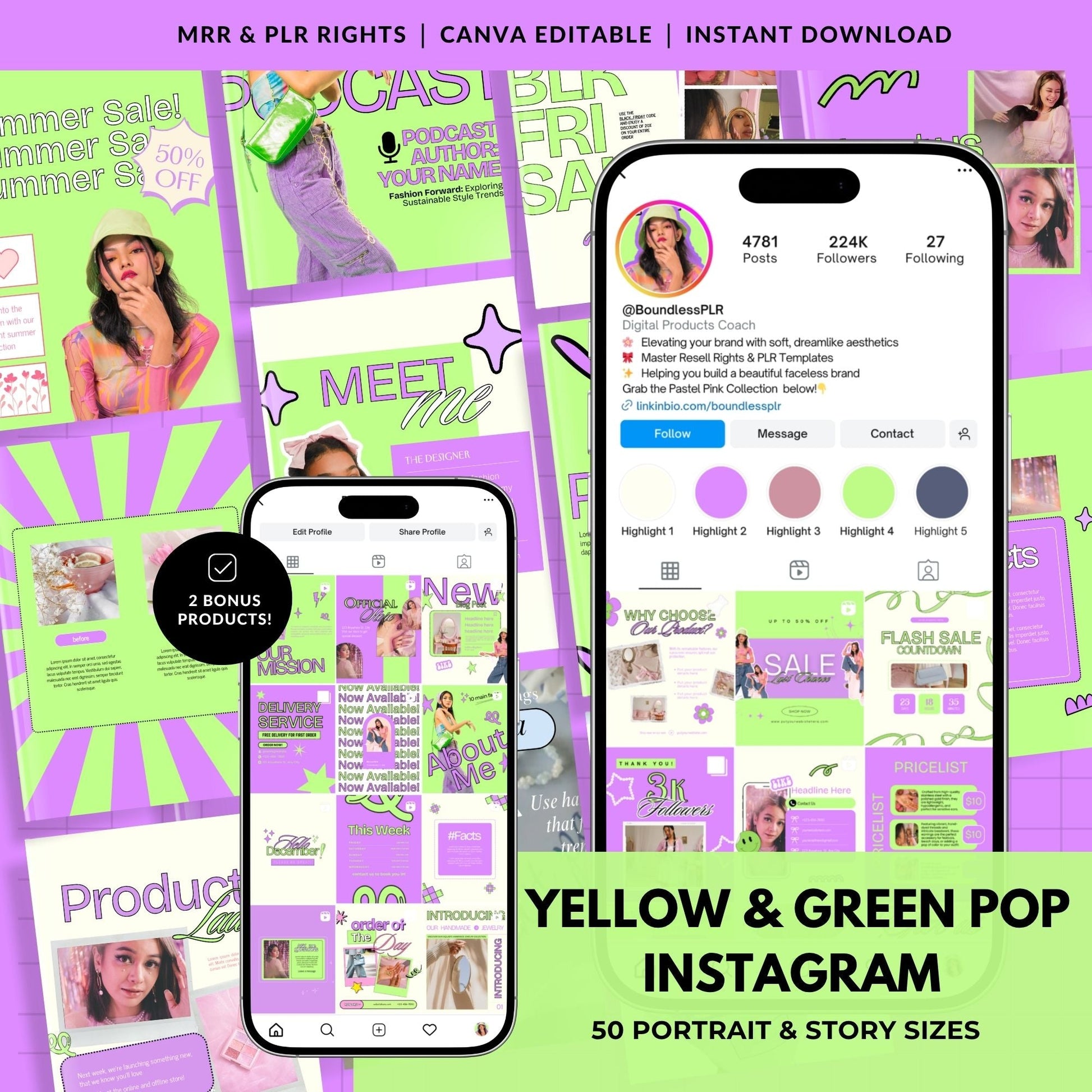 PLR Social Media Templates Canva Editable | Yellow & Green Pop Instagram Templates with MRR Rights Boundless PLR