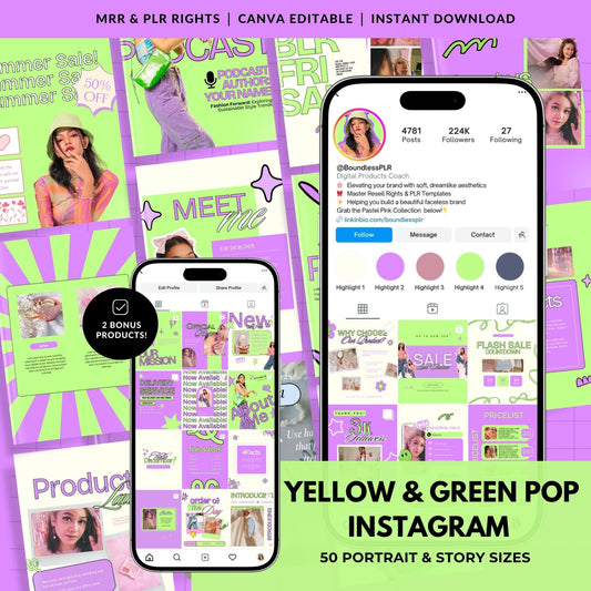 PLR Social Media Templates Canva Editable | Yellow & Green Pop Instagram Templates with MRR Rights Boundless PLR