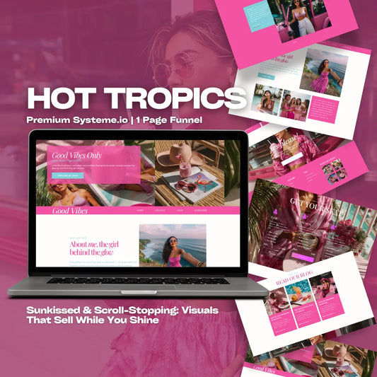 Tropical Systeme.io funnel website mockup with PLR & MRR resell rights for digital entrepreneurs