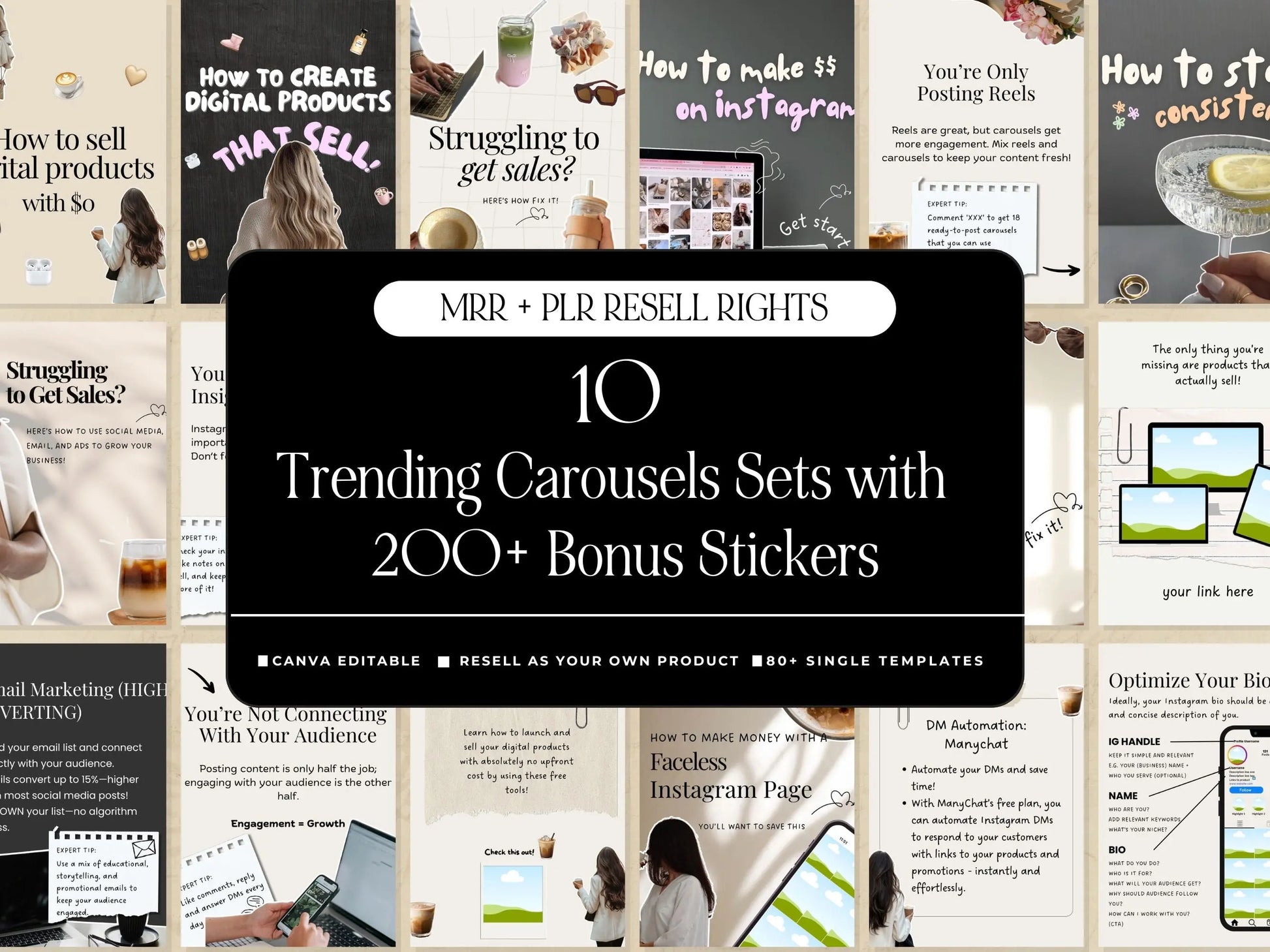 Editable Instagram carousel templates with PLR and MRR rights. Canva editable, ready for digital sellers and coaches.
