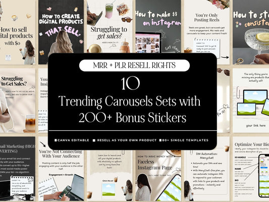 Editable Instagram carousel templates with PLR and MRR rights. Canva editable, ready for digital sellers and coaches.